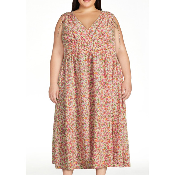 Time and Tru Womens V-Neck Smocked Midi Dress Ditsy Blush Sz XXXL (22) Pullover - Picture 2 of 6